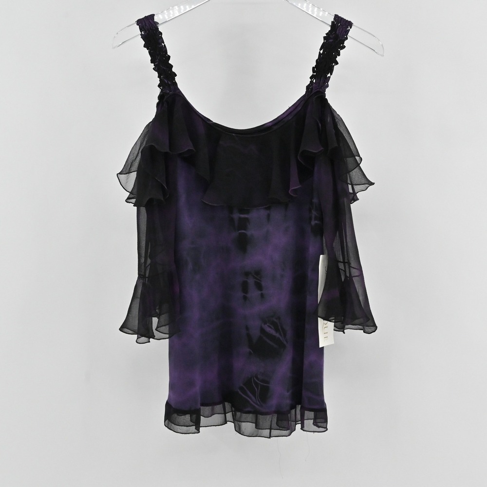 Sara Mique Tie Dye Silk Top Womens Size S Purple Black Y2K Whimsigoth Ruffle
